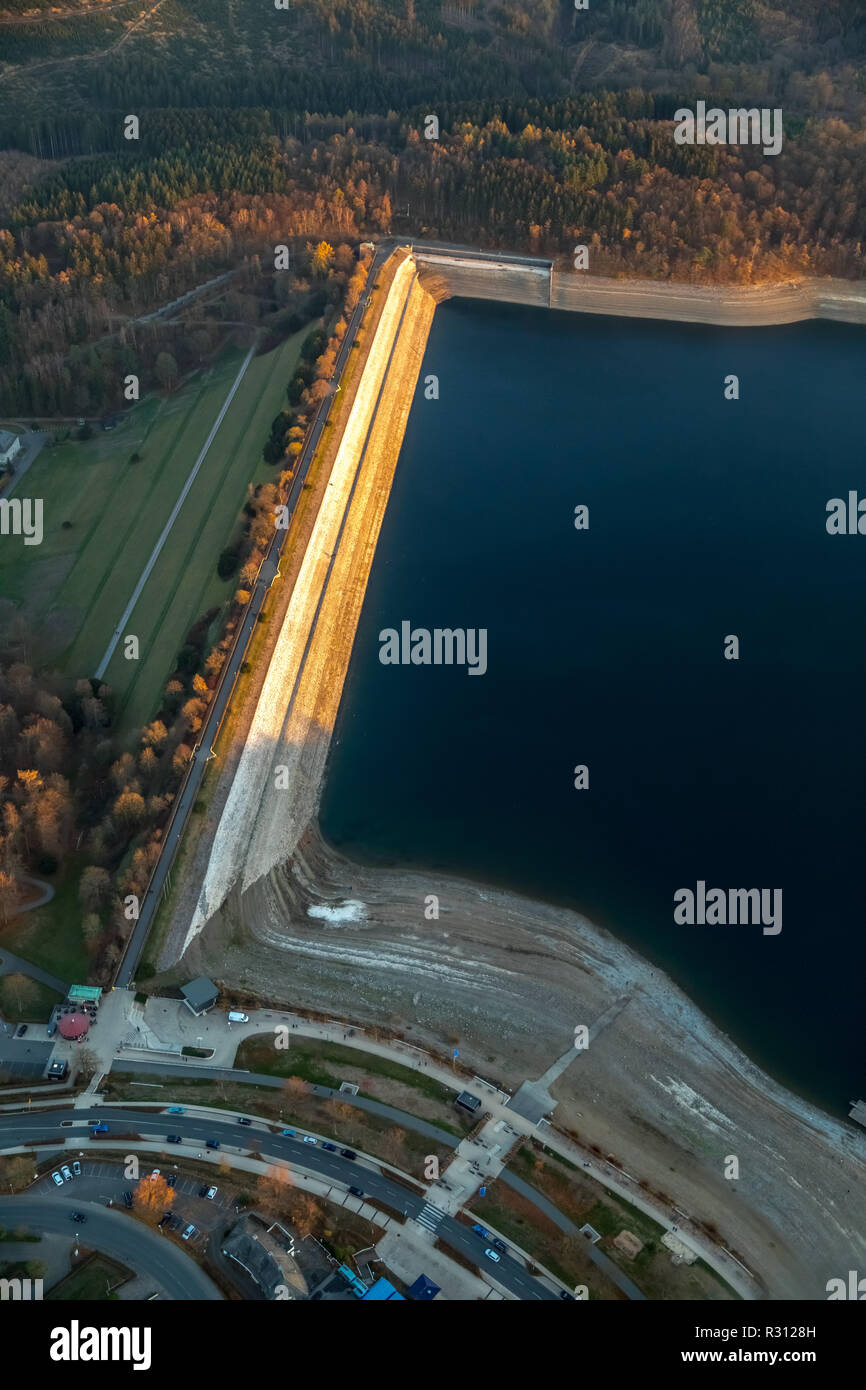 Aerial view, lake Sorpesee, dam, dam, low water level, low water, wide dry bank area,, Langscheid, Sundern, Sauerland, North Rhine-Westphalia, Germany Stock Photo
