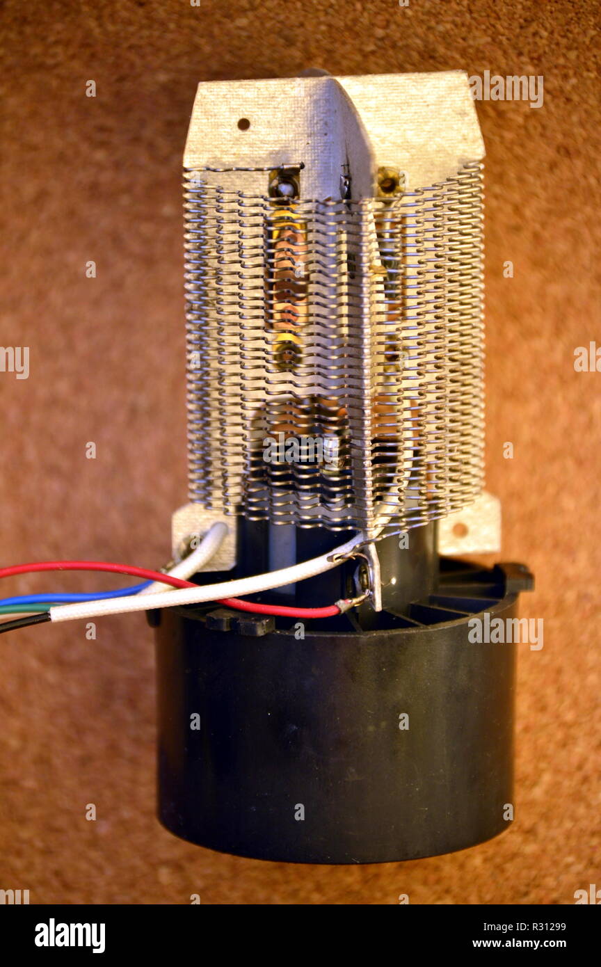 Internal detail of hair dryer, view of heating resistance and internal