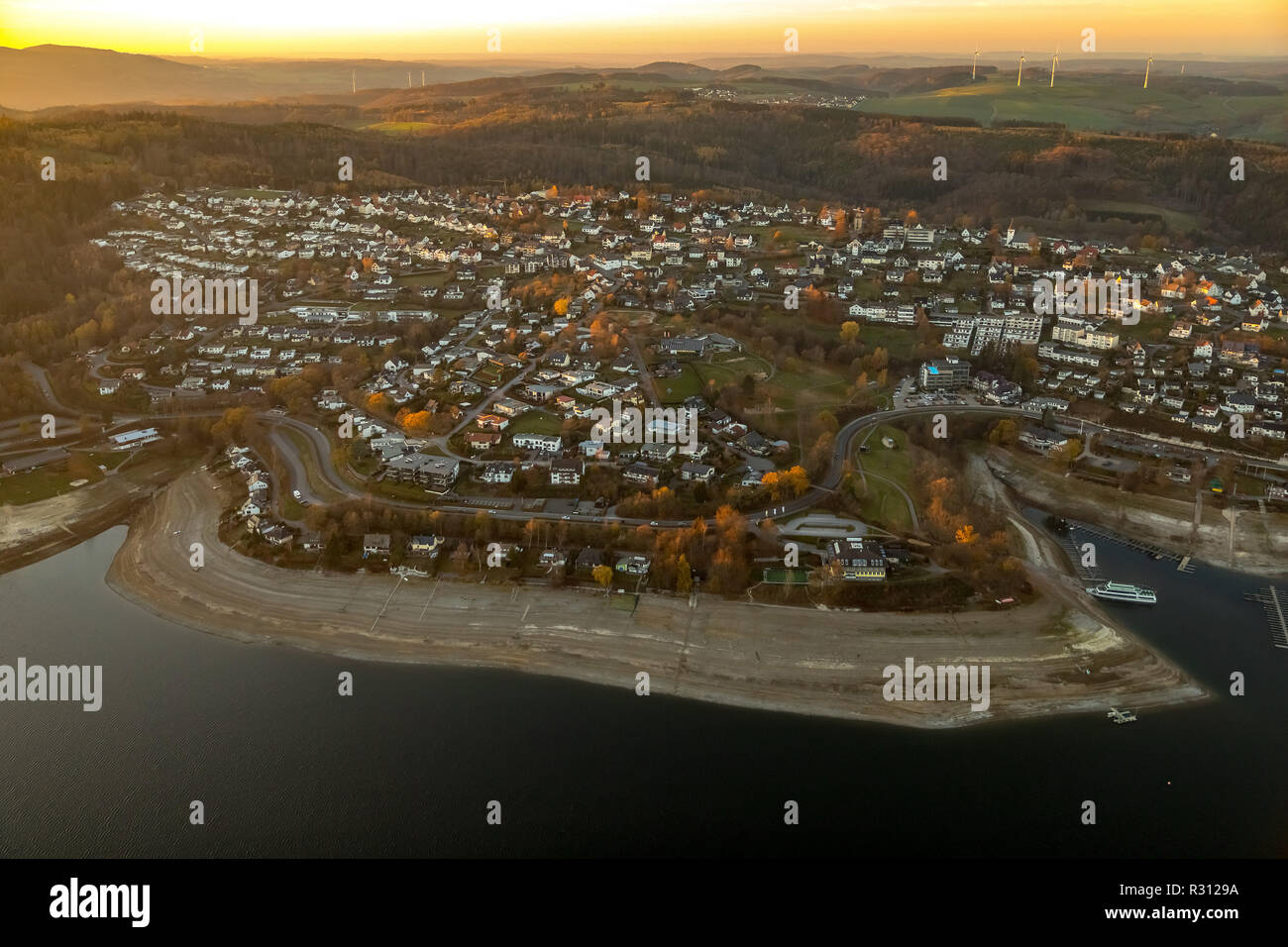 , Aerial view, Sorpesee, low water level, low tide, wide dry bank area, Langscheid, Sundern, Sauerland, North Rhine-Westphalia, Germany, DEU, Europe,  Stock Photo