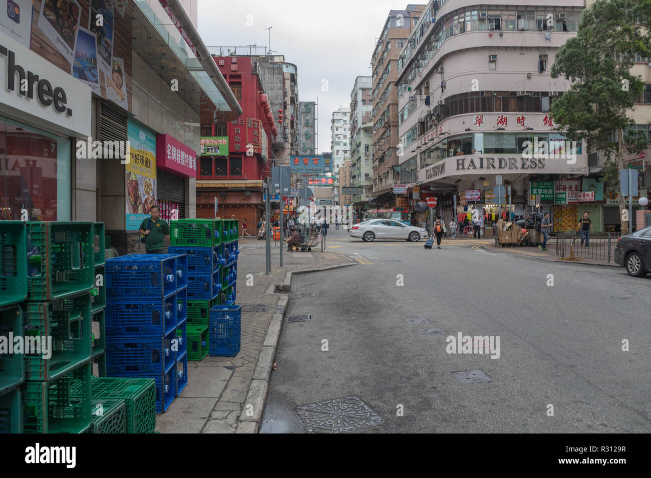 KOWLOON, HONG KONG - APRIL 21, 2017: Water Bottles Crates Delivery at Mong Kok in Kowloon, Hong Kong. Stock Photo