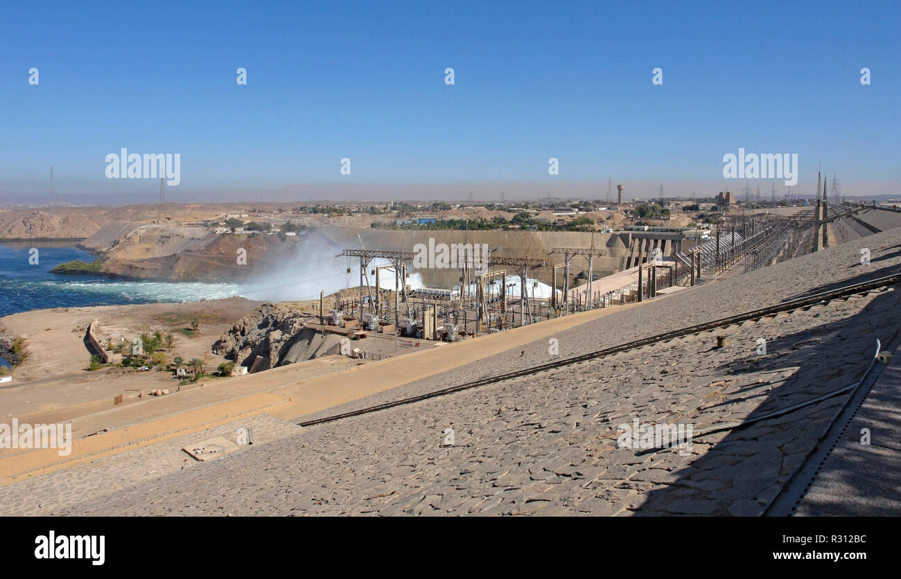aswan dam in egypt at evening time Stock Photo