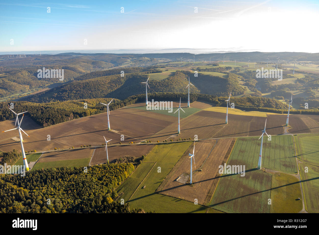 Aerial view, wind farm between Asseln and Lichtenau, Paderborn, North Rhine-Westphalia, Germany, Europe, Lichtenau, DEU, Europe, birds-eyes view, aeri Stock Photo