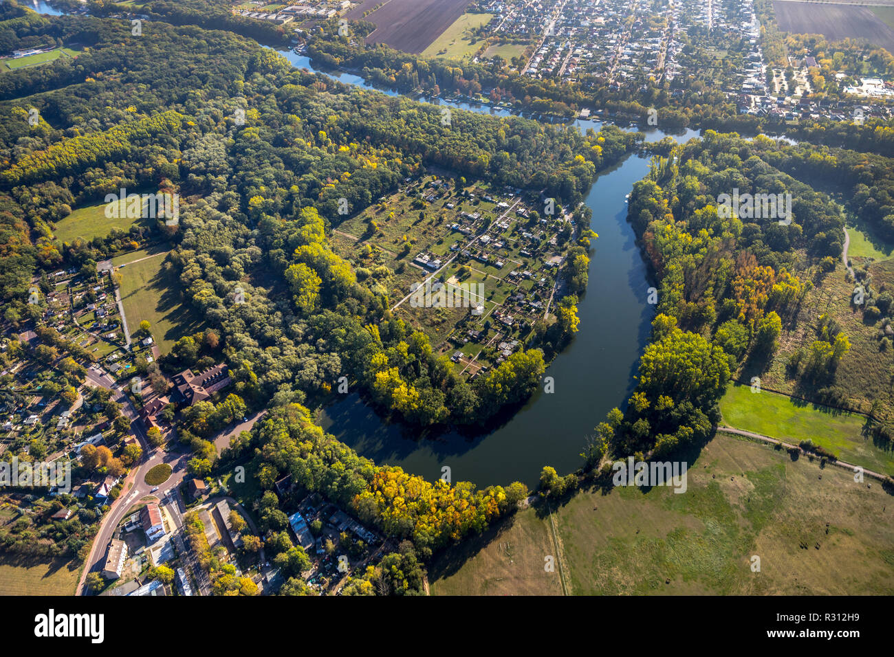 Aerial view, river the Saale between Aderstedt and Neuborna, Kreis Paderborn, Saxony-Anhalt, Germany, Europe ,, Aderstedt, DEU, Europe, birds-eyes vie Stock Photo