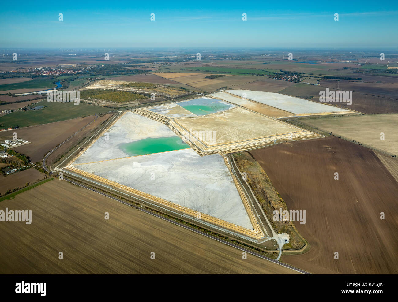 Aerial photo, Kalkteich, green water, encrusted earth, drought,, dry earth, Nienburg, Latdorf, Paderborn, Saxony-Anhalt, Germany, Europe ,, DEU, Europ Stock Photo