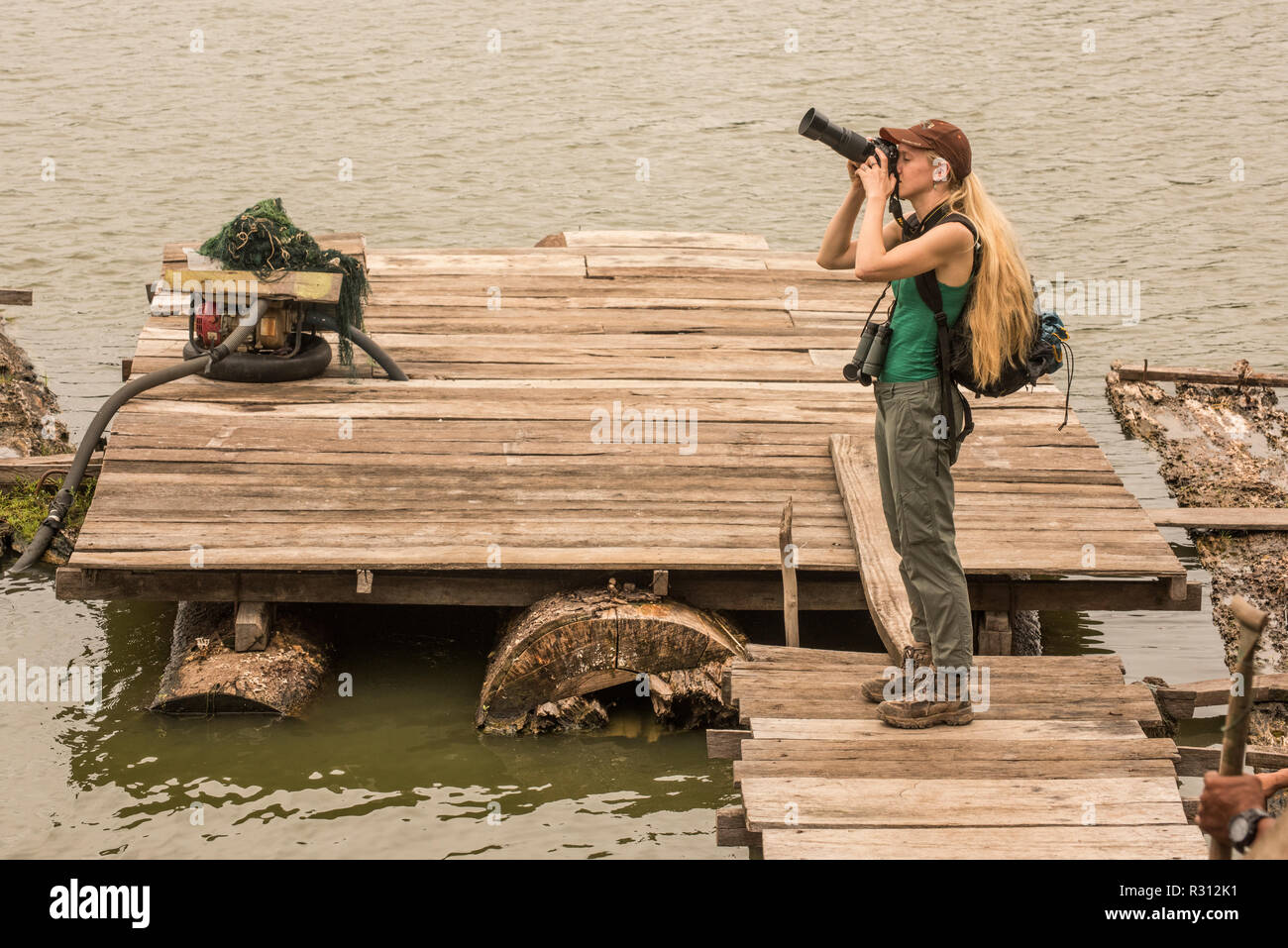 A tourist looking at birds flying overhead in the Colombian Amazon. Stock Photo