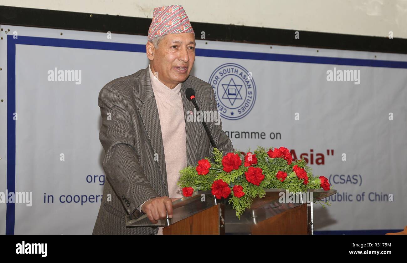 Kathmandu, Nepal. 20th Nov, 2018. Nepali Finance Minister Yubaraj Khatiwada speaks during a forum titled "BRI and South Asia" organized by Centre for South Asian Studies (CSAS) in Kathmandu, Nepal, Nov. 20, 2018. Nepali Finance Minister Yubaraj Khatiwada said the Belt and Road Initiative helps meet the investment and infrastructure gaps, creating a win-win situation for the partner countries. Credit: Sunil Sharma/Xinhua/Alamy Live News Stock Photo