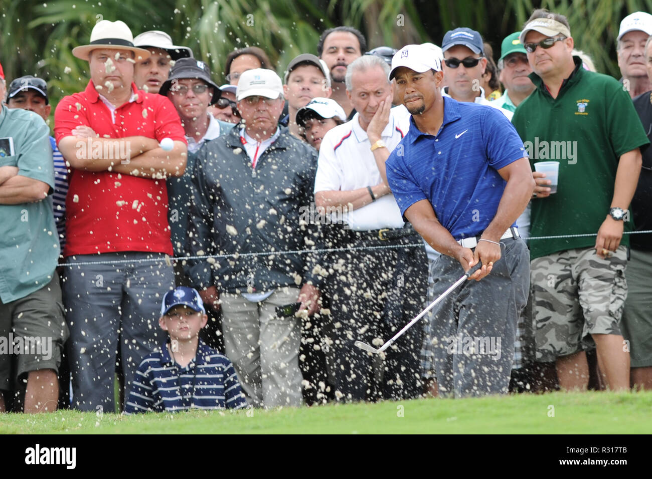 DORAL, FL - MARCH 10: Tiger Woods and Phil Mickelson during the first round of the 2011 WGC- Cadillac Championship at the TPC Blue Monster at the Doral Golf Resort and Spa. A severe storm ripped through the course causing all kinds of damage including the scoreboard falling down.  on March 10, 2011 in Doral, Florida.   People:  Tiger Woods Stock Photo