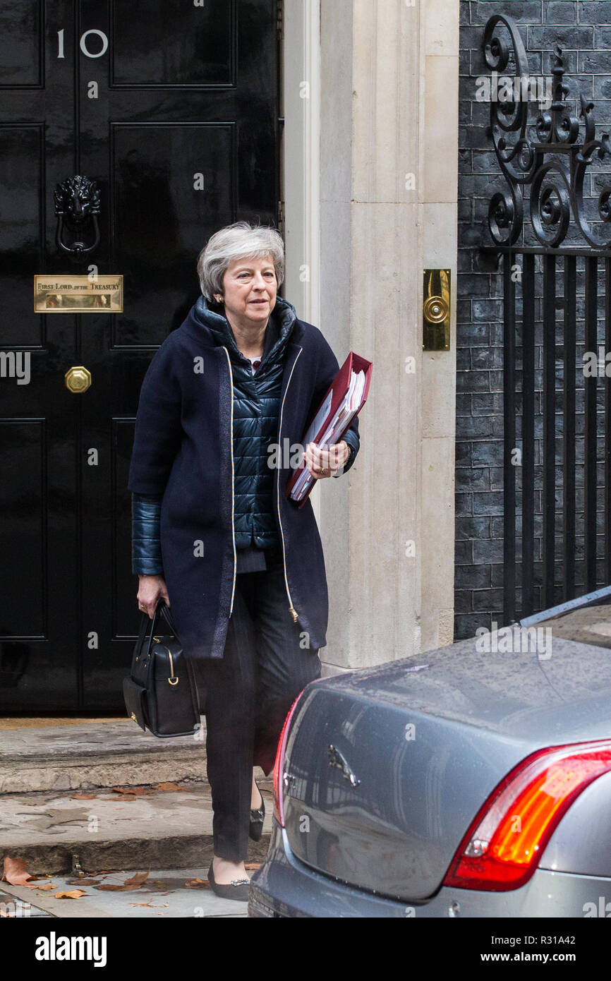 London, UK. 21st November, 2018. Prime Minister Theresa May leaves 10 Downing Street to attend Prime Minister's Questions in the House of Commons on the day on which she is scheduled to travel to Brussels to attend discussions with Jean-Claude Juncker, President of the European Commission, regarding a political declaration to accompany the EU withdrawal agreement. Credit: Mark Kerrison/Alamy Live News Stock Photo