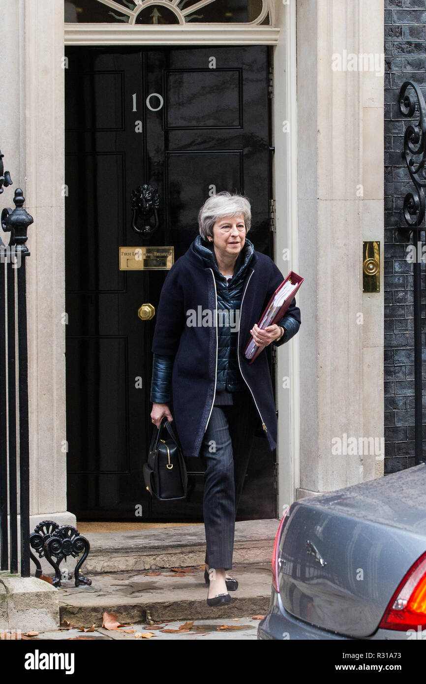 London, UK. 21st November, 2018. Prime Minister Theresa May leaves 10 Downing Street to attend Prime Minister's Questions in the House of Commons on the day on which she is scheduled to travel to Brussels to attend discussions with Jean-Claude Juncker, President of the European Commission, regarding a political declaration to accompany the EU withdrawal agreement. Credit: Mark Kerrison/Alamy Live News Stock Photo