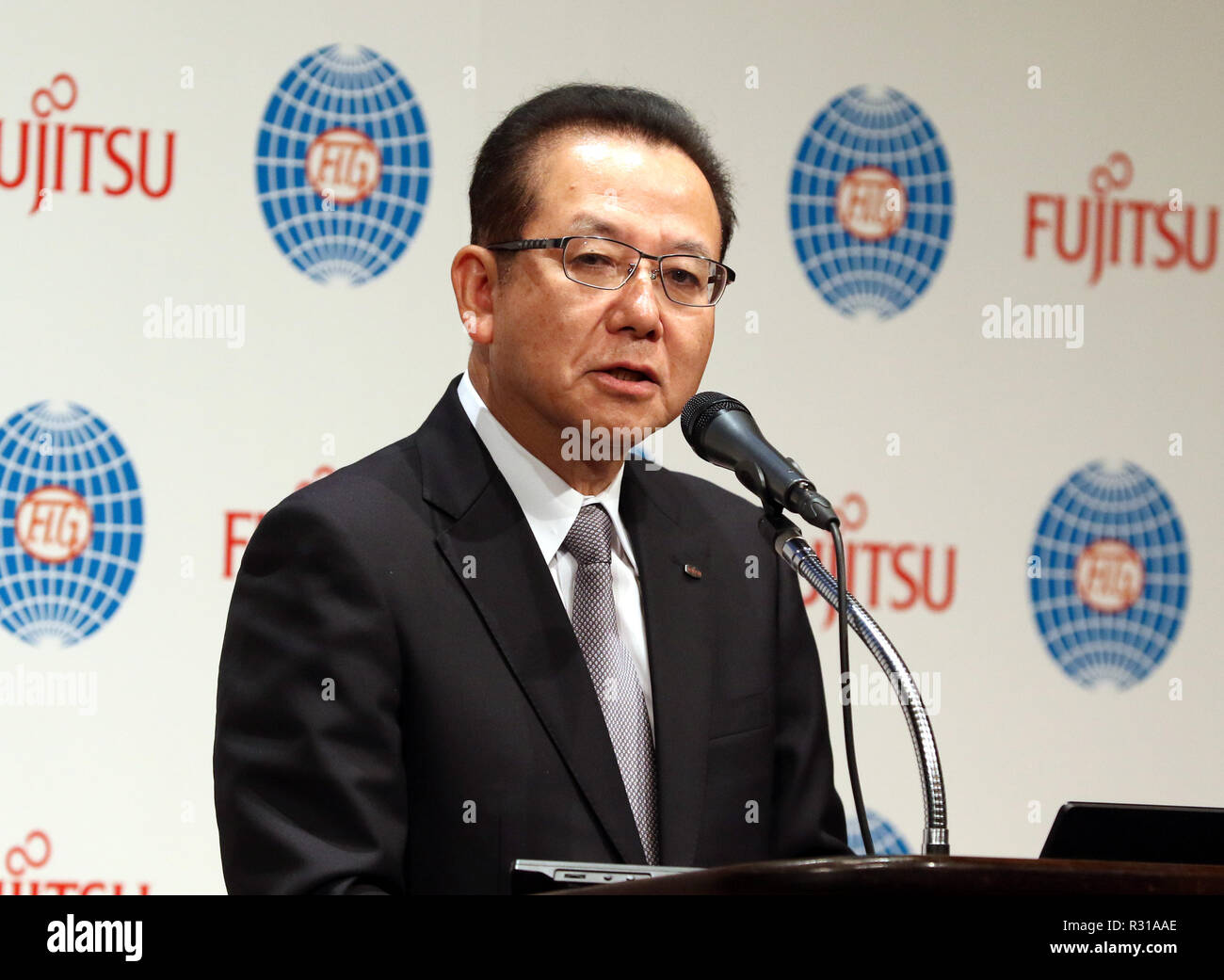 Tokyo Japan th Nov 18 Japanese Computer Giant Fujitsu President Tatsuya Tanaka Speaks As Fujitsu And International Gymnastics Federation Fig Made A Contract Of The New Partnership To Form A Computerized Judging