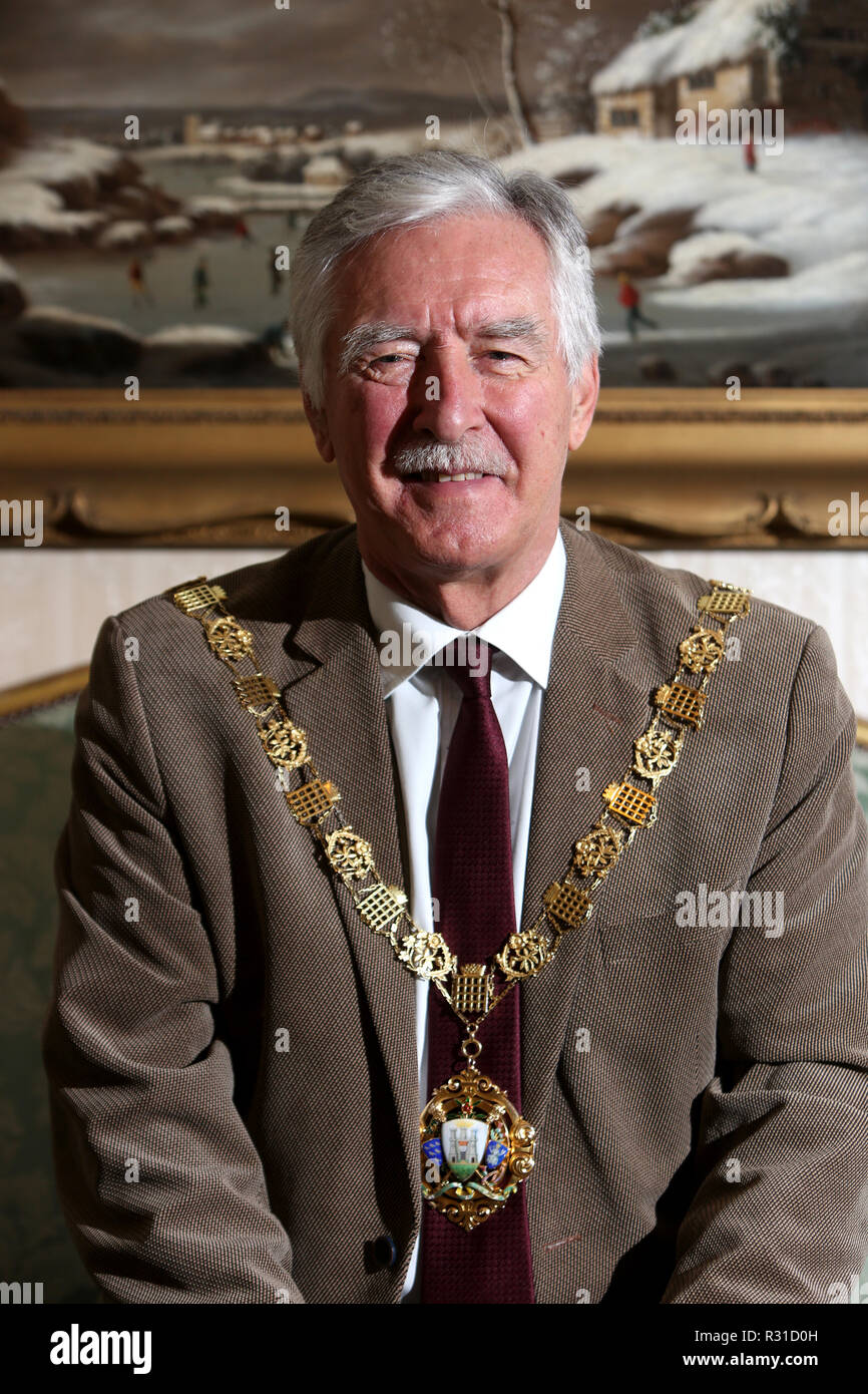 Chichester, West Sussex, UK. Mayor of Chichester, Cllr Martyn Bell pictured with his new moustache as he is taking part in this years Movember campaign to raise money and awareness for Movember, Prostate Cancer UK and Cancer Research UK. Wednesday 21st November 2018 Credit: Sam Stephenson/Alamy Live News Stock Photo