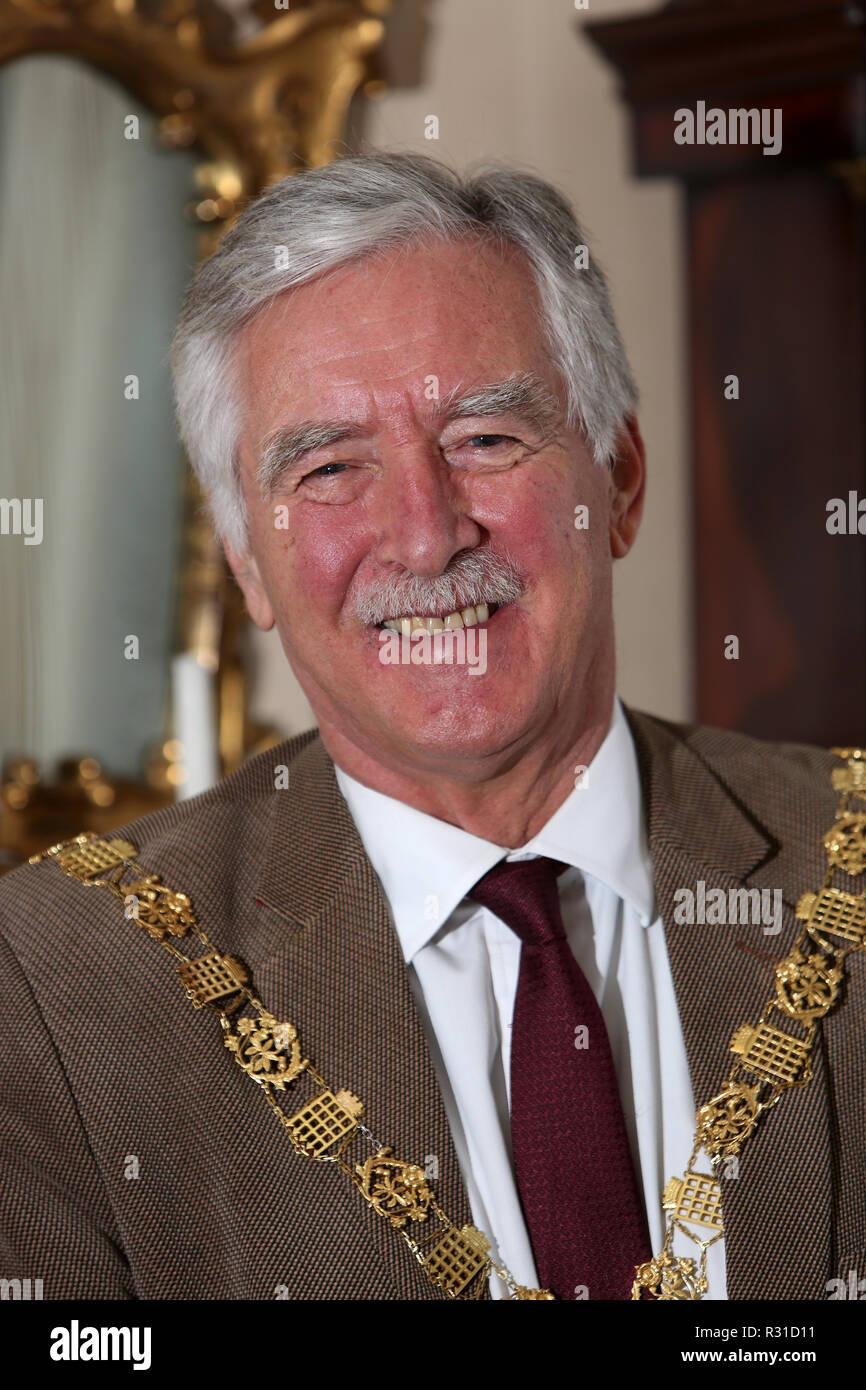 Chichester, West Sussex, UK. Mayor of Chichester, Cllr Martyn Bell pictured with his new moustache as he is taking part in this years Movember campaign to raise money and awareness for Movember, Prostate Cancer UK and Cancer Research UK. Wednesday 21st November 2018 Credit: Sam Stephenson/Alamy Live News Stock Photo