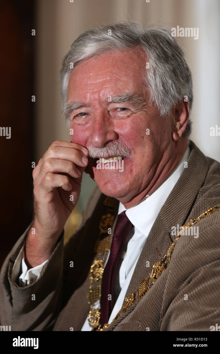 Chichester, West Sussex, UK. Mayor of Chichester, Cllr Martyn Bell pictured with his new moustache as he is taking part in this years Movember campaign to raise money and awareness for Movember, Prostate Cancer UK and Cancer Research UK. Wednesday 21st November 2018 Credit: Sam Stephenson/Alamy Live News Stock Photo