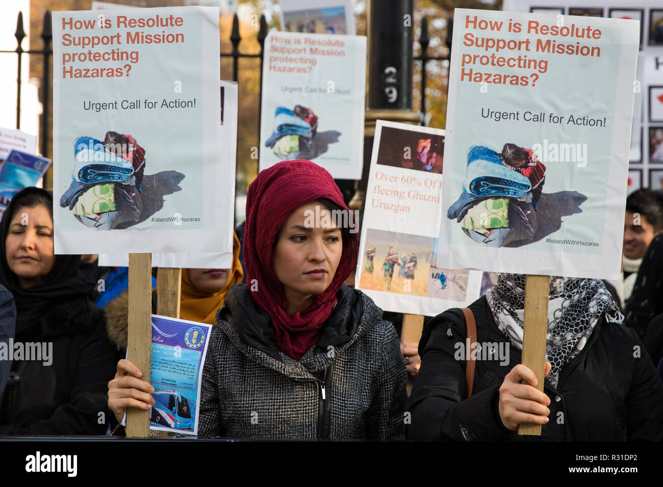 London, UK. 21st November, 2018. Members of the Hazara community, an ethnic group native to the region of Hazarajat in central Afghanistan, protest opposite Downing Street against a lack of assistance from the Afghan government in the face of attacks by the Taliban and Islamic State. Credit: Mark Kerrison/Alamy Live News Stock Photo
