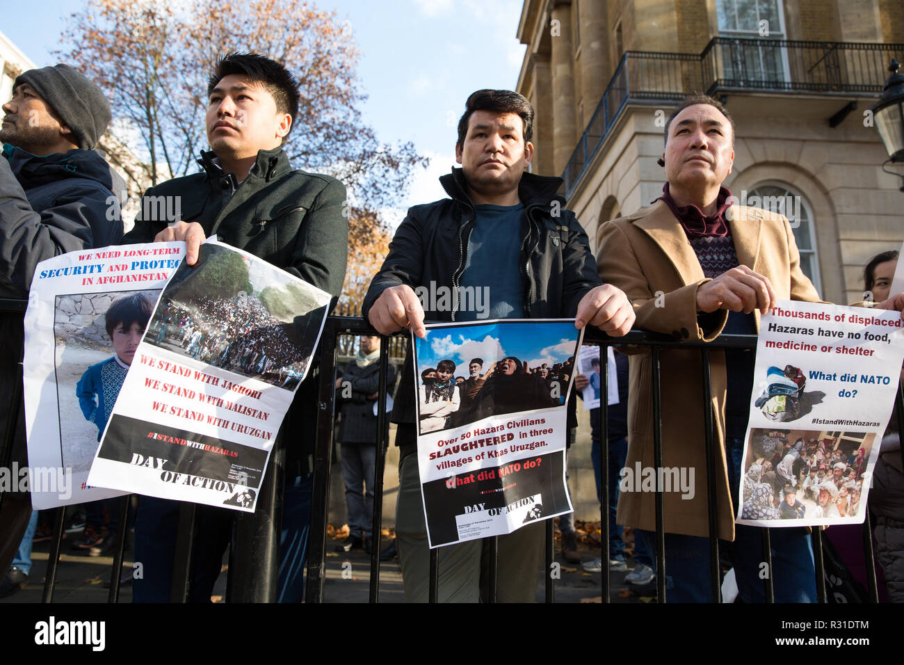 London, UK. 21st November, 2018. Members of the Hazara community, an ethnic group native to the region of Hazarajat in central Afghanistan, protest opposite Downing Street against a lack of assistance from the Afghan government in the face of attacks by the Taliban and Islamic State. Credit: Mark Kerrison/Alamy Live News Stock Photo