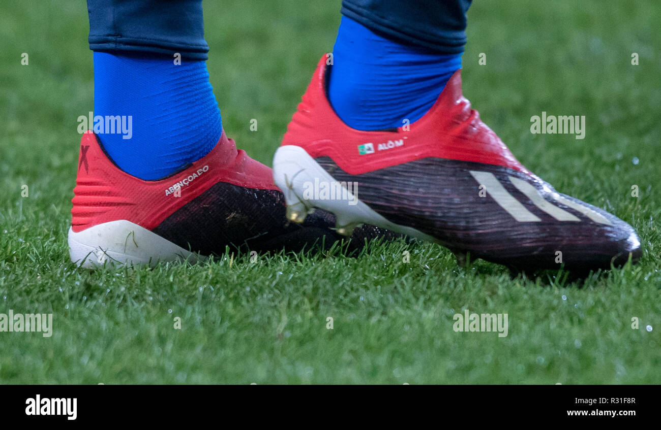 Milton Keynes, UK. 20th Nov 2018. The Adidas X football boots of Gabriel  Jesus (Manchester City) of Brazil displaying 'abencoado' (blessed) during  the International match between Brazil and Cameroon at stadium:mk, Milton