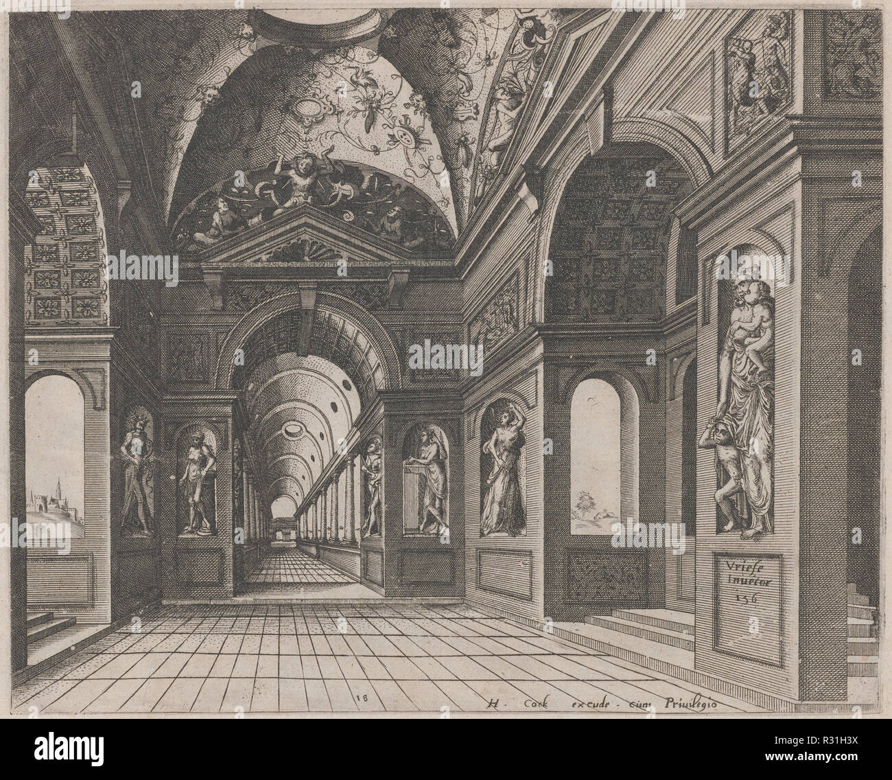 Interior of a Cross-Vaulted Hall Decorated with Grotesques. Dated: 1560. Dimensions: plate: 20.9 × 26 cm (8 1/4 × 10 1/4 in.)  sheet: 25.5 × 36.2 cm (10 1/16 × 14 1/4 in.). Medium: etching on laid paper. Museum: National Gallery of Art, Washington DC. Author: Lucas van Doetechum and Johannes van Doetechum, the Elder, after Hans Vredeman de Vries. Johannes van Doetecum the elder. after Hans Vredeman de Vries. Lucas van Doetecum. Stock Photo