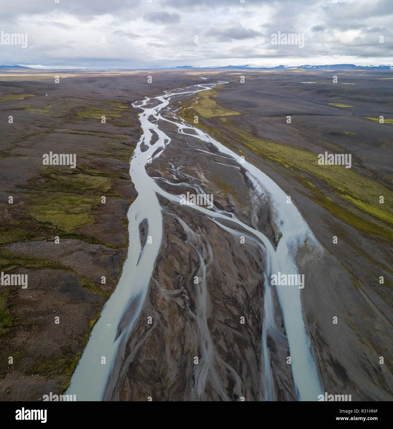 Drone shot, Tangled River, Kjölur Route, Highlands of Norðurland vestra, Iceland Stock Photo