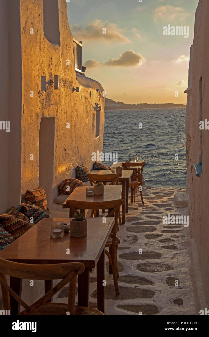 Kastro's Restaurant at sunset, Little Venice, Mykonos Island, Cyclades, Mykonos City, Chora, Greece Stock Photo