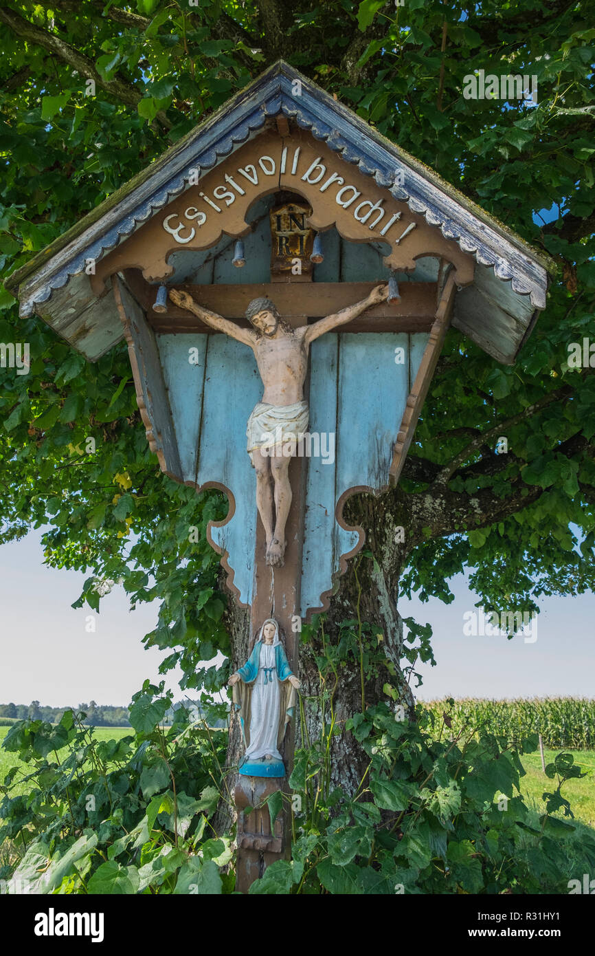 Crucifix, Cross at the Munich Waterway near Valley, Upper Bavaria, Valley, Bavaria, Germany Stock Photo