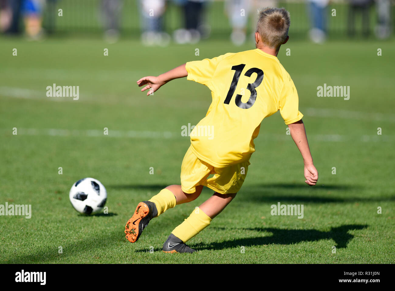 Junior soccer player, U13 Junior, back number 13, soccer, Basel, Switzerland Stock Photo