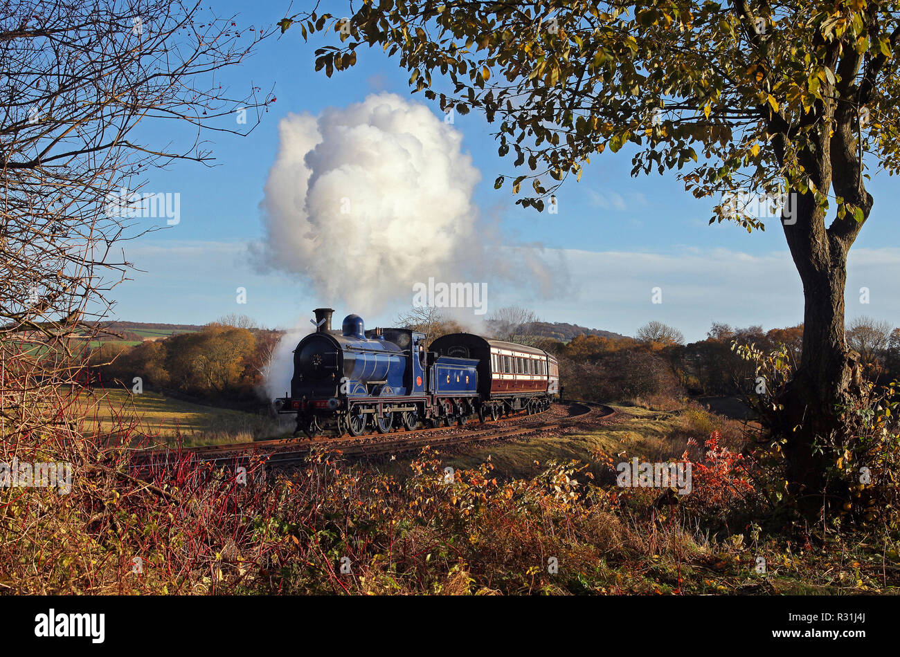 Caley 828 approches Manuel on the Bo'ness and Kinneil Railway. Stock Photo