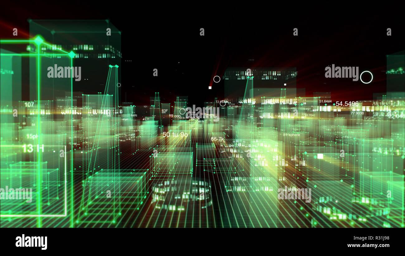 Abstract technological digital city from data in cyberspace, information storage in the information space Stock Photo