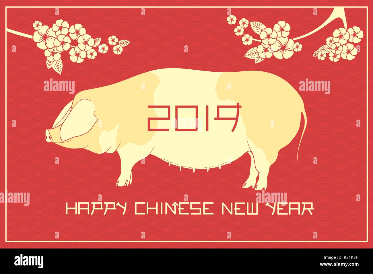 Pig and sakura blossom on the dragon scale pattern. Happy chinese new 2019 year gift card. Big spotted sow. Stock Vector