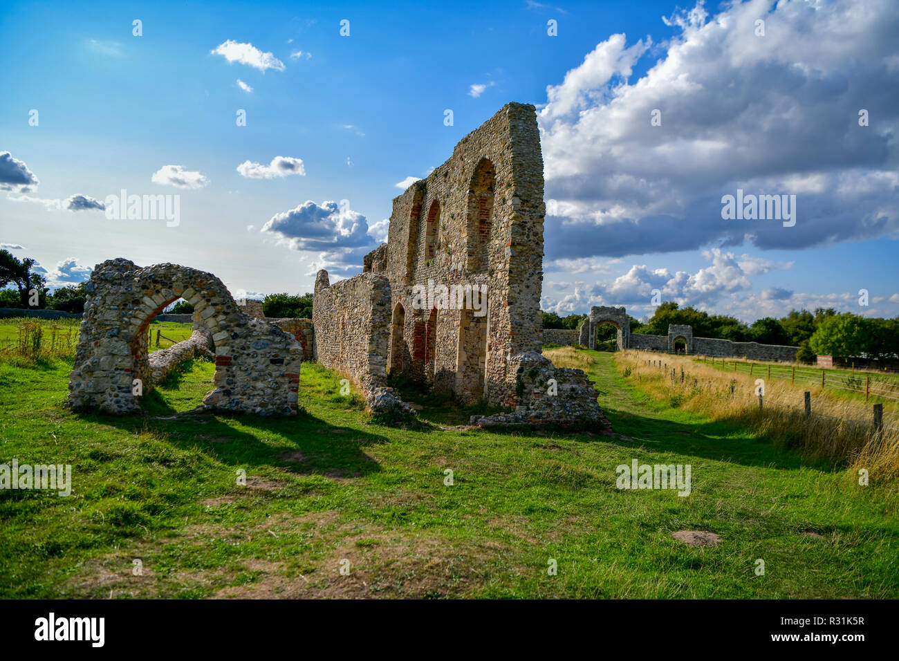 Dunwich in UK ruins remains of Greyfriars Priory south range buildings, probably the refectory Stock Photo