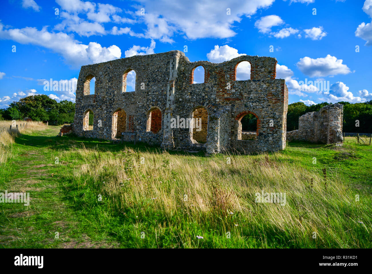 Dunwich in UK ruins remains of Greyfriars Priory south range buildings, probably the refectory Stock Photo