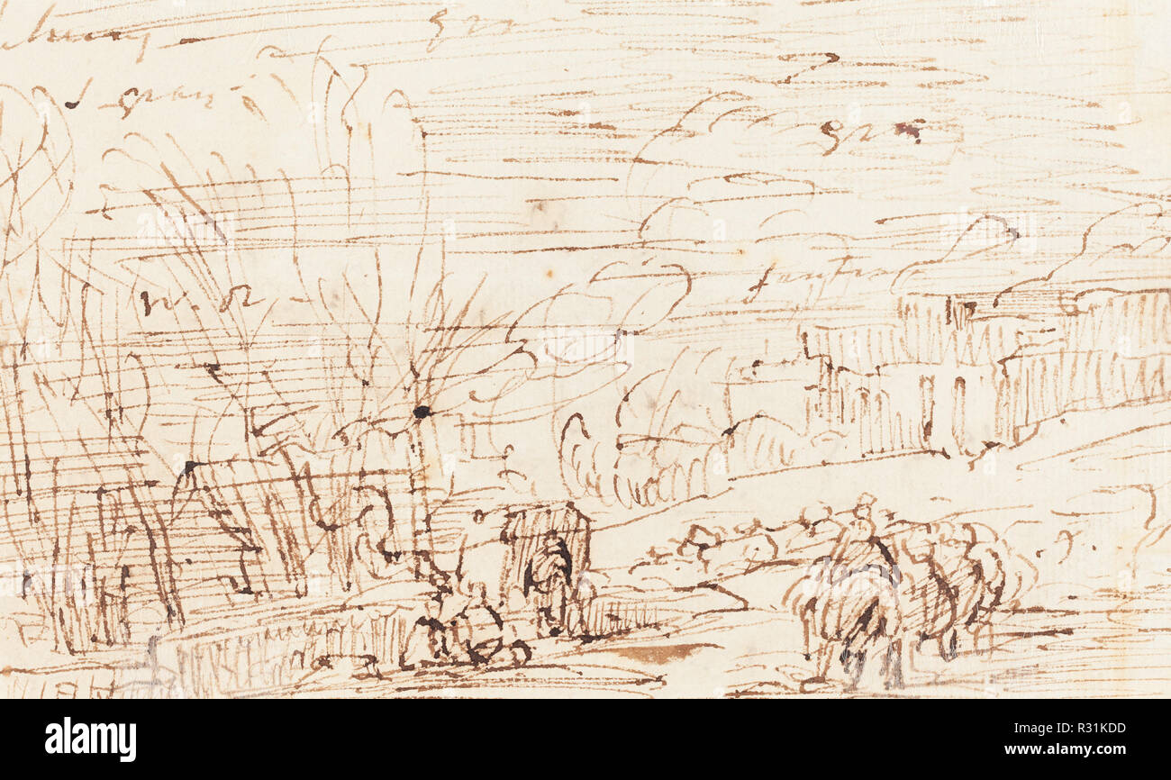 Figures in a Landscape [verso]. Dimensions: overall: 11.5 x 18.5 cm (4 1/2 x 7 5/16 in.). Medium: pen and brown ink on laid paper. Museum: National Gallery of Art, Washington DC. Author: Thomas Barker. Stock Photo