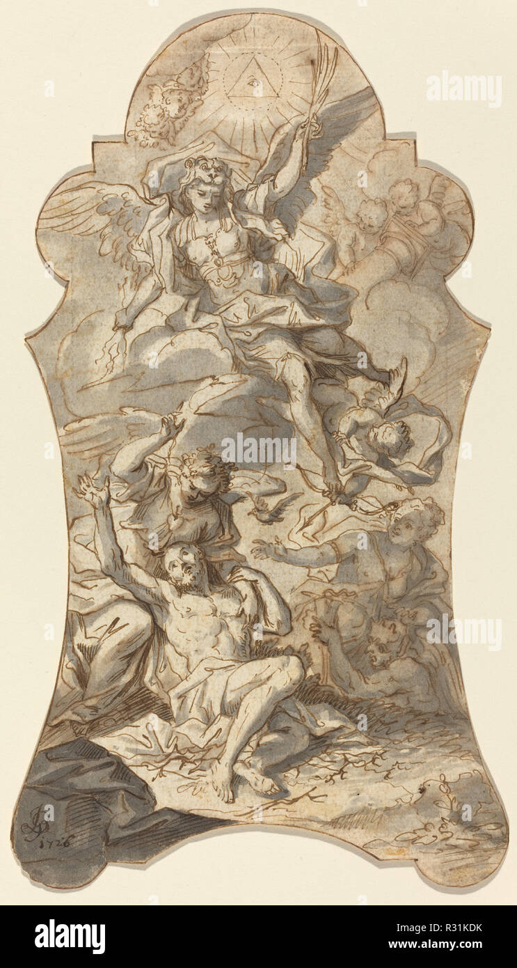 The Holy Angels Protecting a Hermit from Evils. Dated: 1726. Dimensions: overall (irregularly shaped): 26.5 x 15 cm (10 7/16 x 5 7/8 in.). Medium: brown ink and gray wash over traces of graphite on laid paper. Museum: National Gallery of Art, Washington DC. Author: Johann Georg Bergmüller. Stock Photo