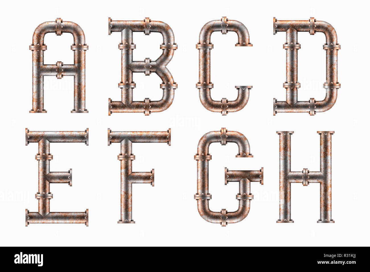 Alphabet made of rusty metal piping elements - letters A to H Stock Photo