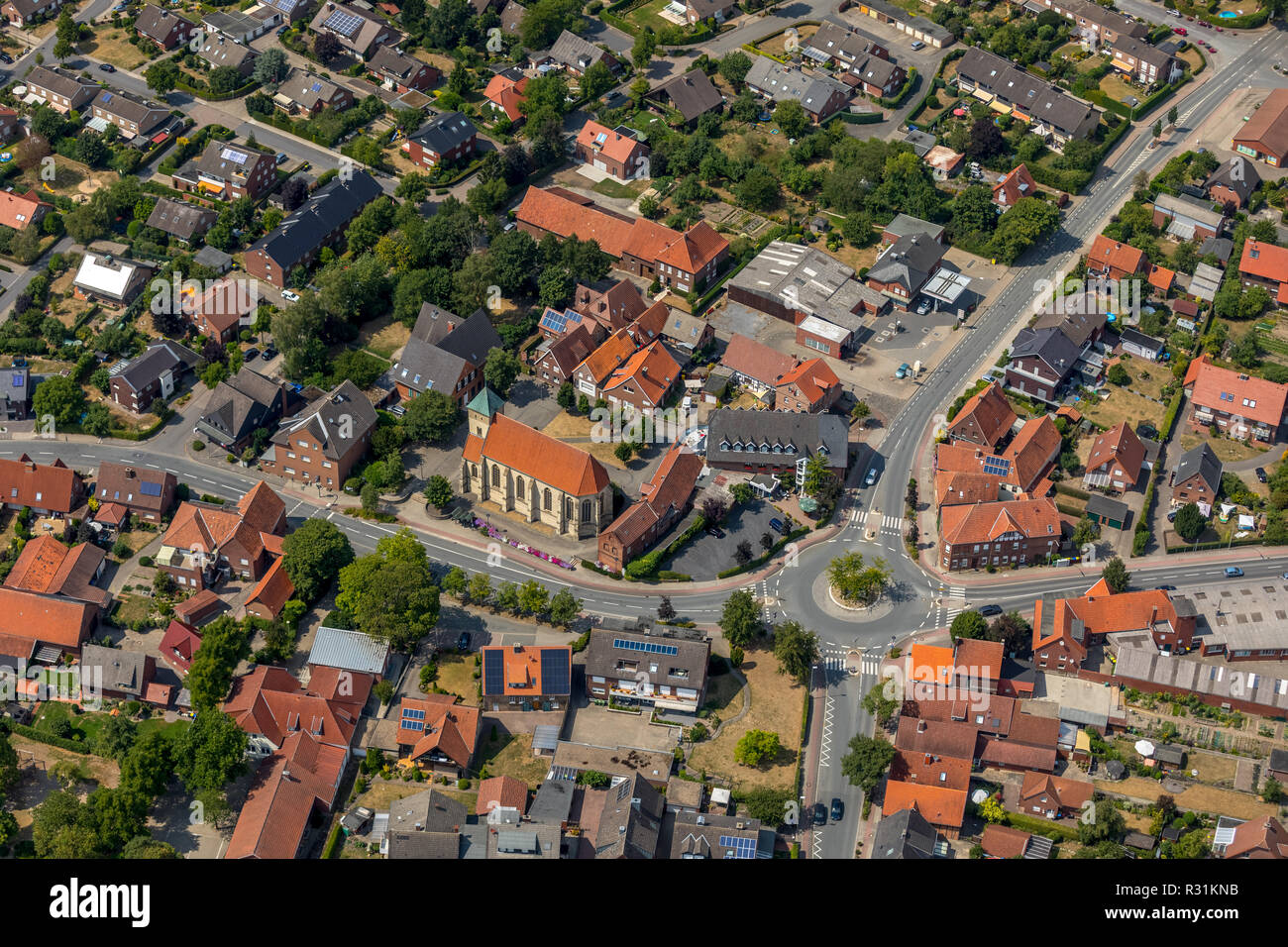 Aerial view, overview Catholic branch church Sankt Agatha, Alverskirchen, Everswinkel, district Warendorf, Ruhr area, North Rhine-Westphalia, Germany, Stock Photo