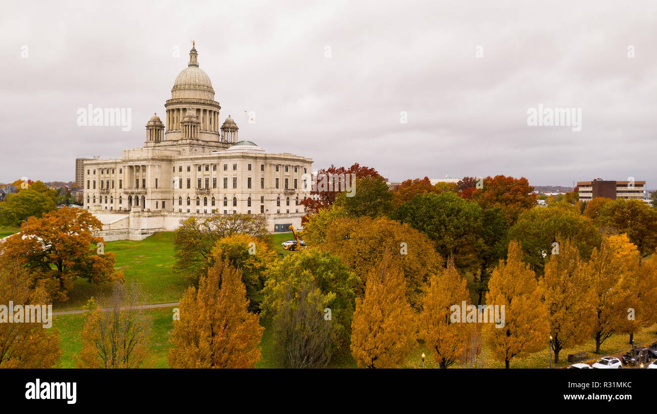 Its an overcast day but the aerial view shows color in the Autumn leaves in Providence RI Stock Photo