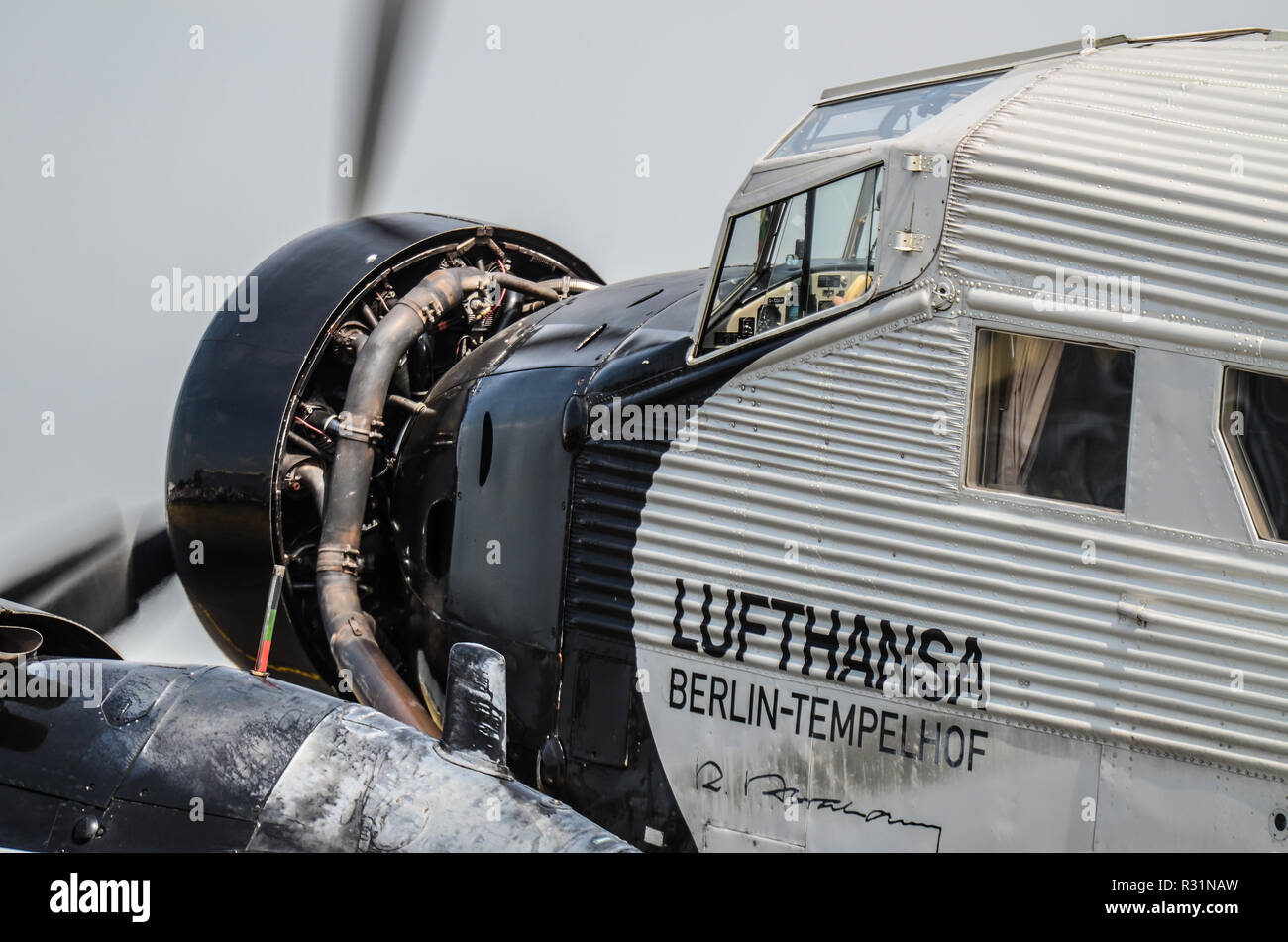 Lufthansa Junkers Ju52 transport plane. Berlin Tempelhof lettering. Deutsche Lufthansa Berlin Foundation (DLBS). Ju52 trimotor D-AQUI. Corrugated skin Stock Photo