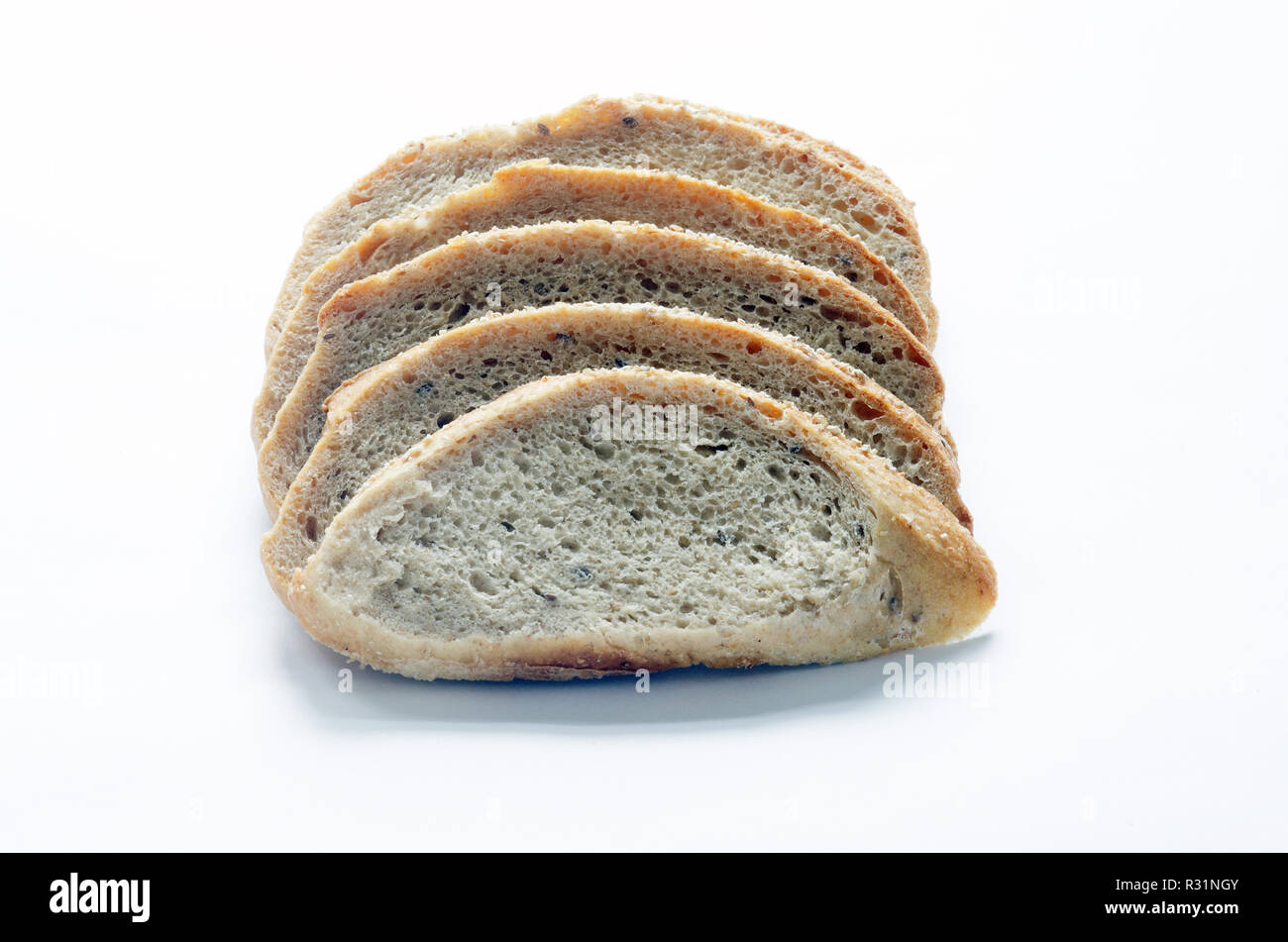 Slices of Ancient Grains Tuscan Pane whole grain bread with whole wheat and spelt flours, whole grains and flax seeds Stock Photo