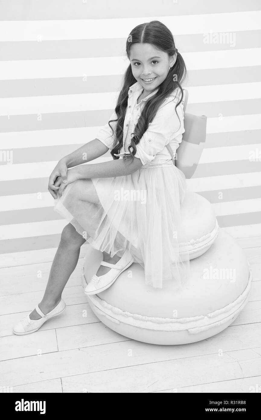 Born to be model. Child girl adorable smiling face posing on cute ...