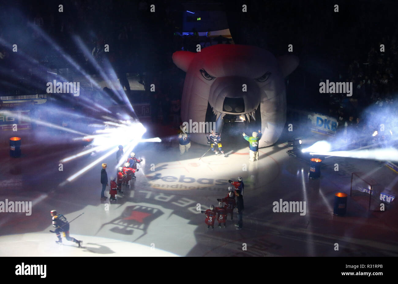 BERLIN, GERMANY - SEPTEMBER 22, 2017: Starting performance and Light Show on the ice of Mercedes-Benz Arena in Berlin before the Deutsche Eishockey Li Stock Photo