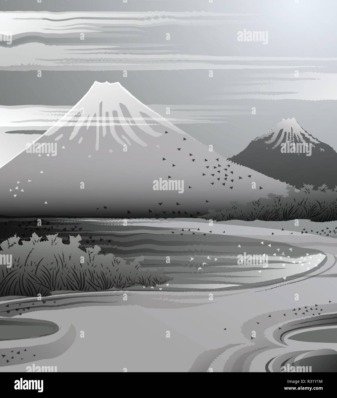 Landscape in Japanese ink style. Stock Vector