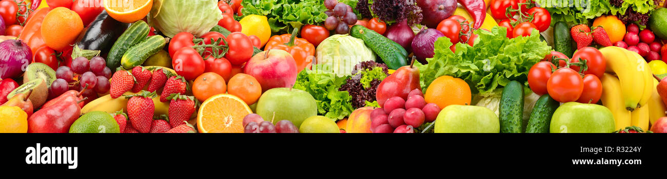 Panoramic collection fresh healthy fruits and vegetables. Stock Photo