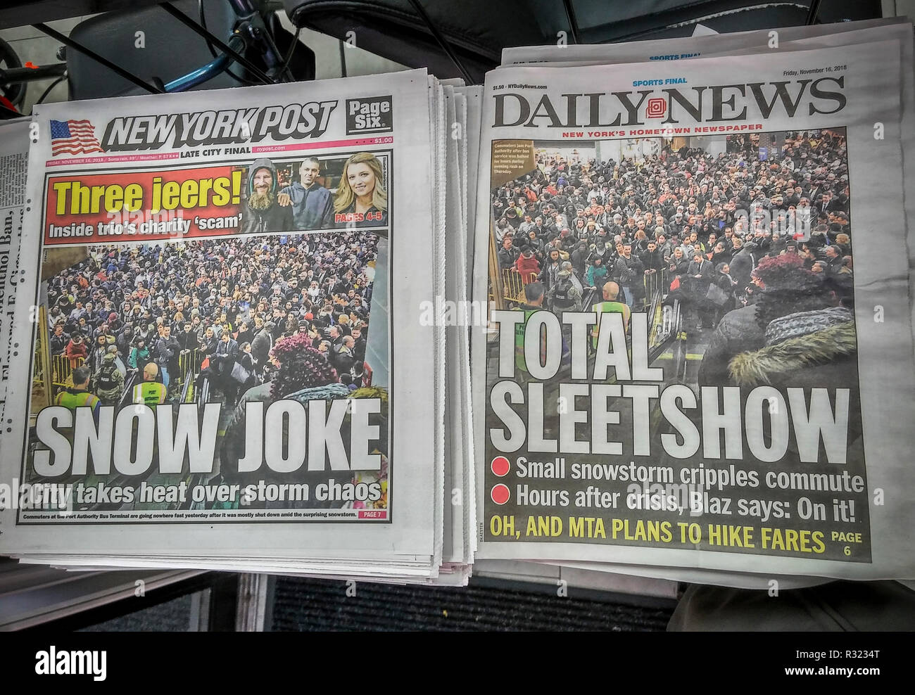 Headlines of New York newspapers on Friday, November 16, 2018 use the  identical photograph of an over-crowded Port Authority Bus Terminal to  report on the previous days' snowstorm that crippled commutation. (Â©