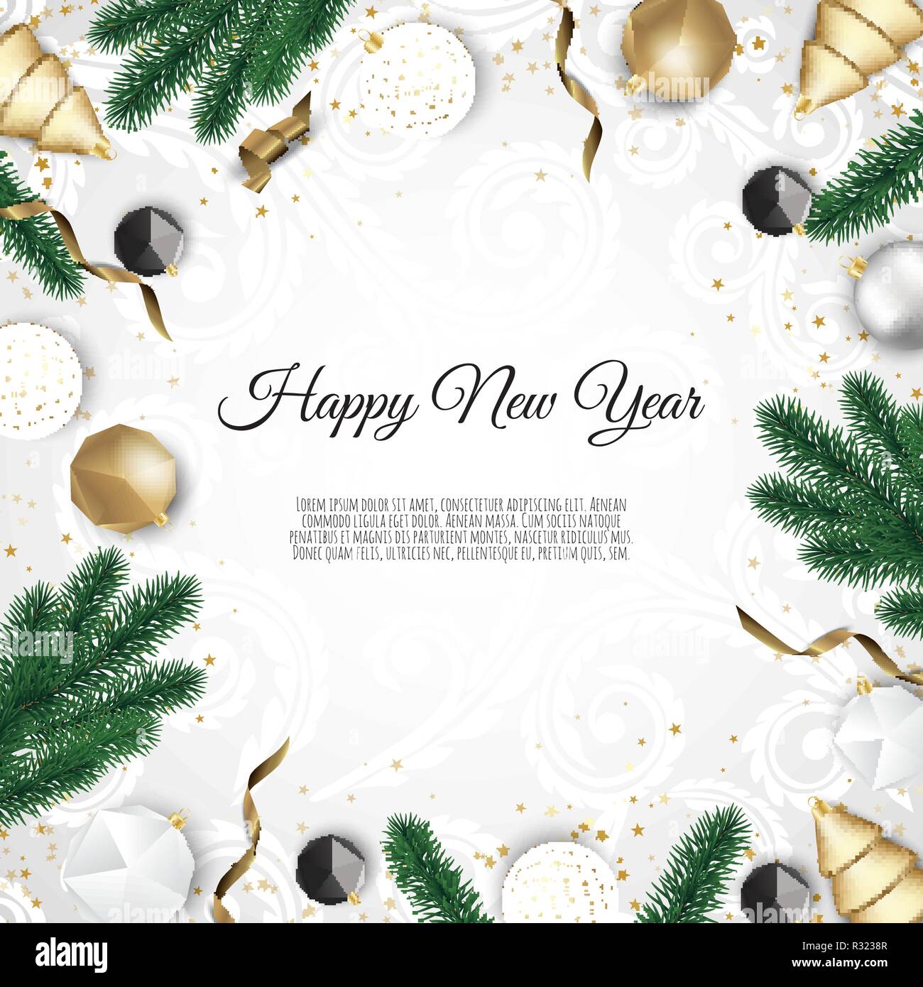 Banner with vector christmas tree branches, gold stars, christmas balls and space for text. Great for christmas cards, banners, flyers, party posters, Stock Vector