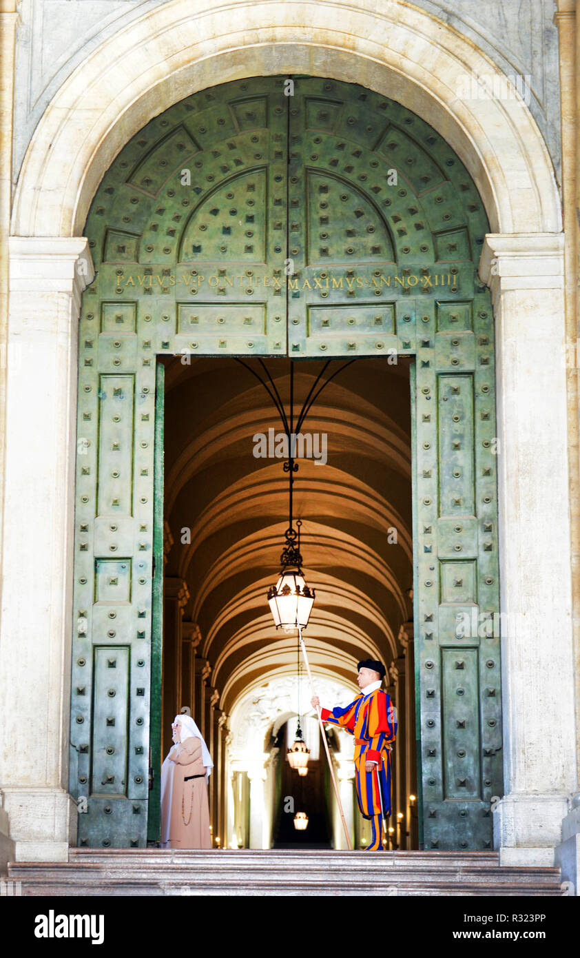 The Pope Swiss guards in the Vatican city. Stock Photo