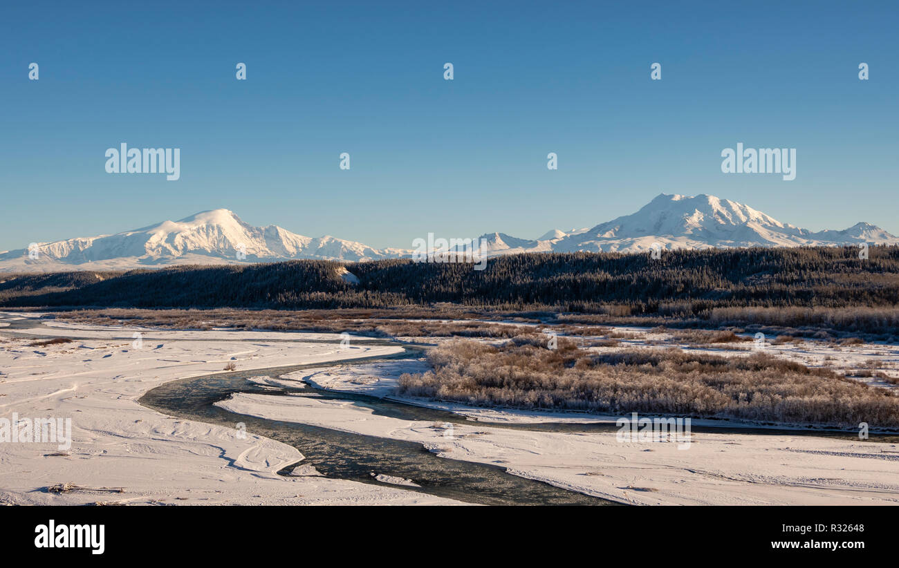 Scenic view of Wrangell Mountains from Tok Cutoff Highway near Gakona in Interior Alaska. Stock Photo