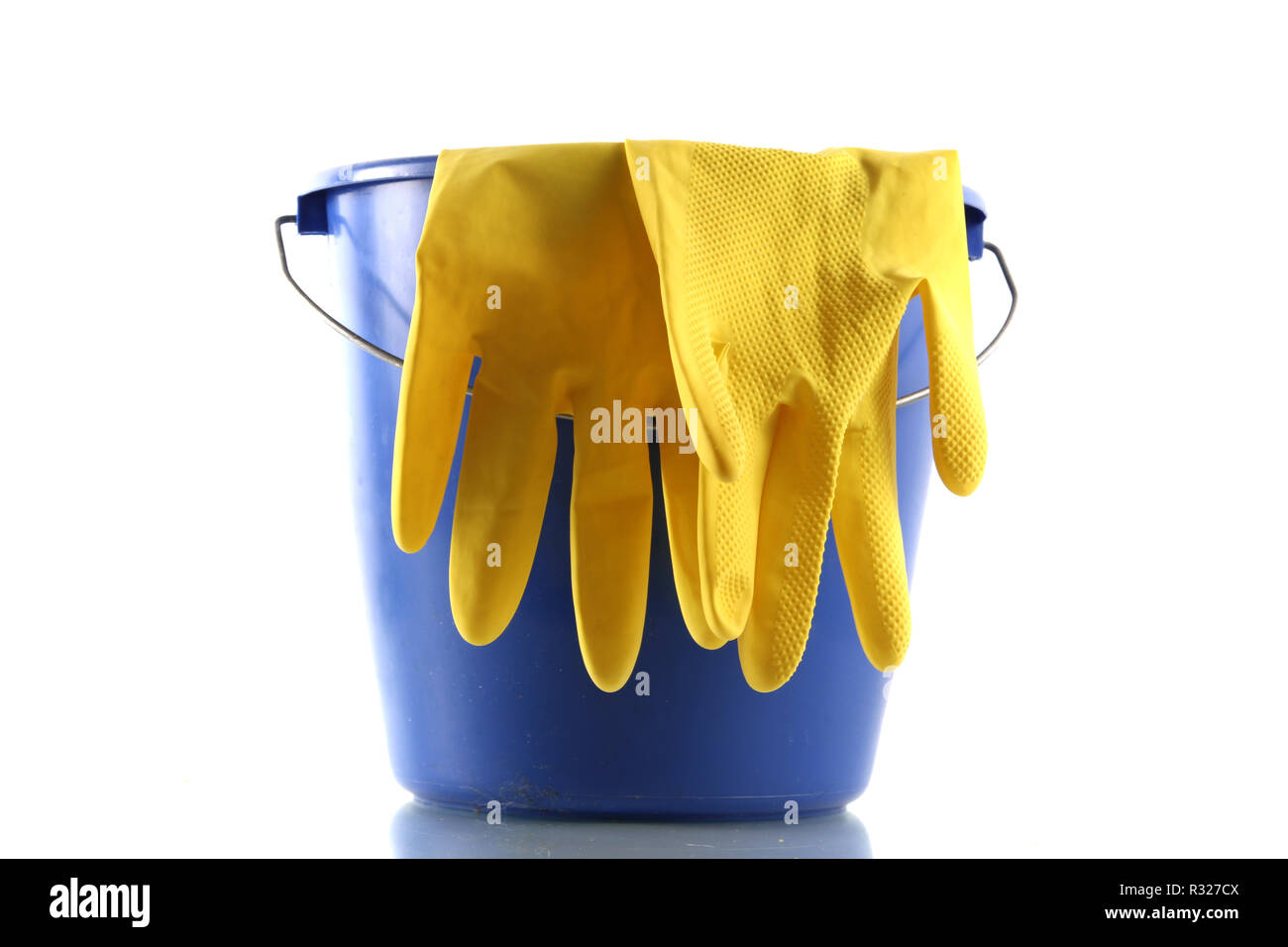 bucket with gloves Stock Photo