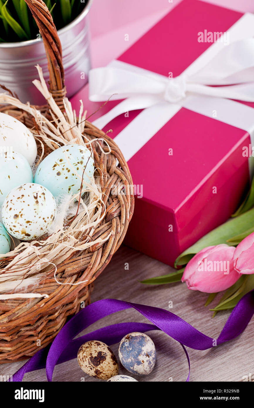 Festive Easter Egg Decoration With Basket Nest Ribbon And Tulips