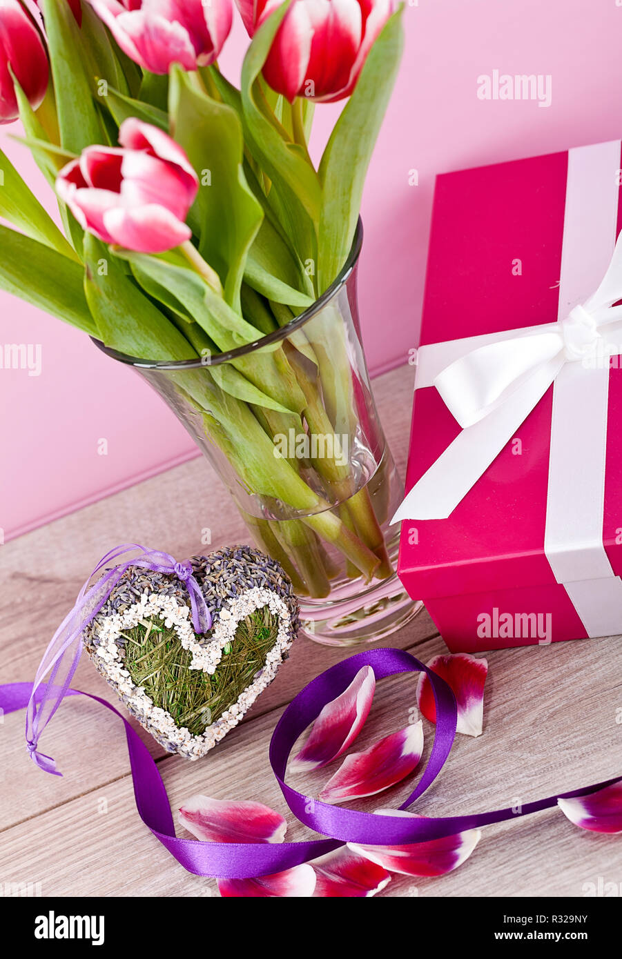 Festive Easter Egg Decoration With Basket Nest Ribbon And Tulips