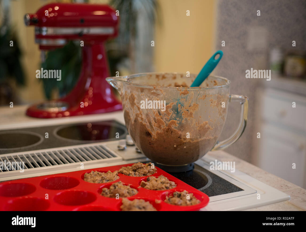 baking rasin bran muffins Stock Photo