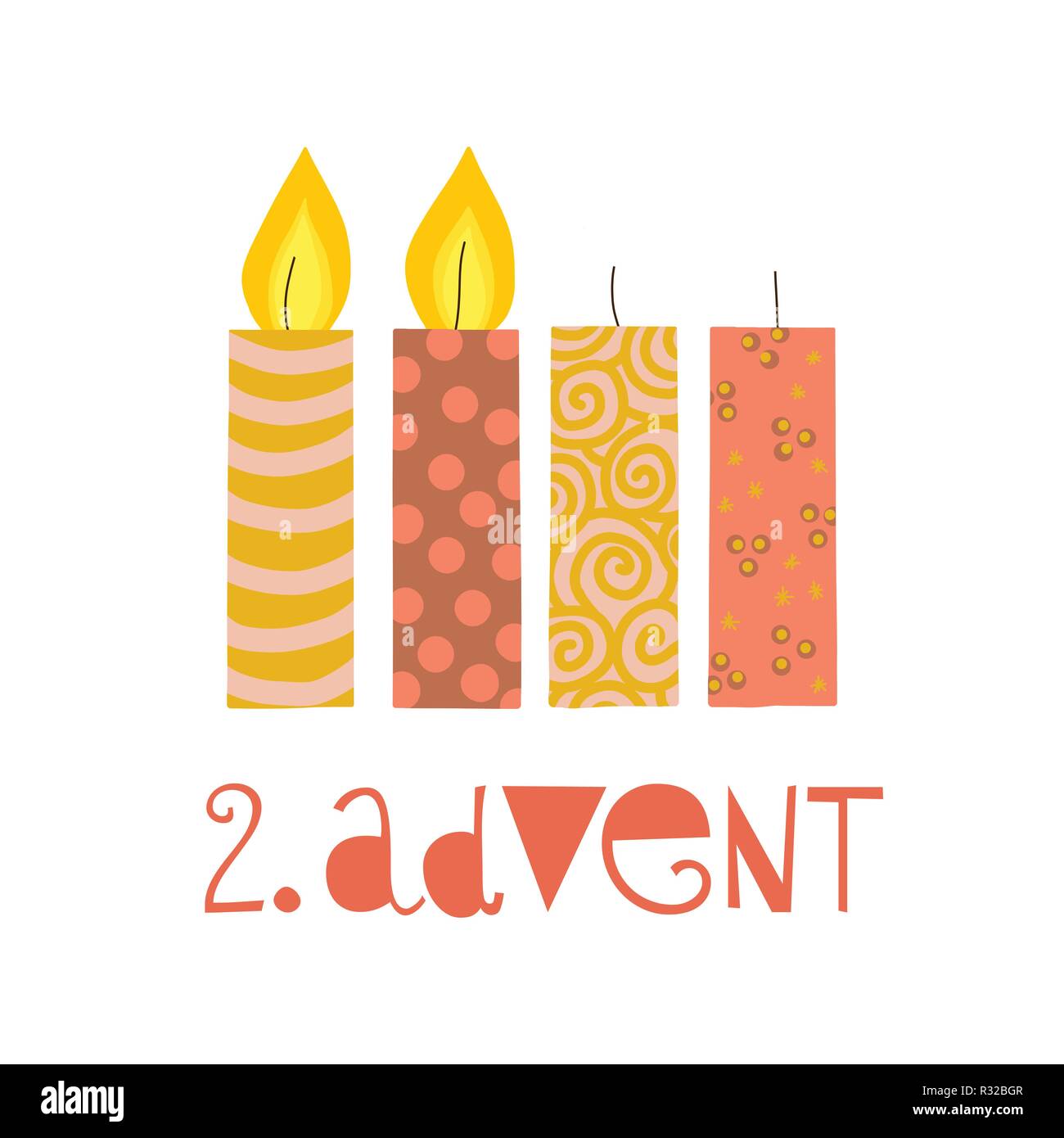 Two burning advent candles vector illustration. Second sunday in advent. Zweiter Advent german text. Flat Holiday design with candles on white backgro Stock Vector